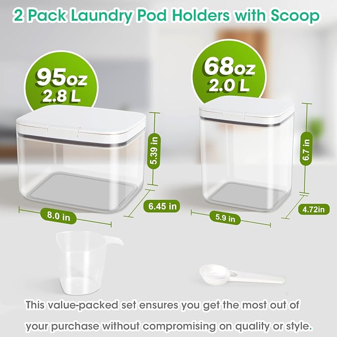 2 Pack Laundry Pods Container with One-Click Pop-up Lid 95 oz + 68 oz | Laundry Room Detergent Storage Containers for Laundry Powder, Scent Booster, Dryer Sheet, Dryer Ball, Dishwasher Pod Holder