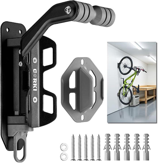 Corki Bike Wall Mount, Swivel Bike Hangers for Garage 1-Pack Black | Heavy Duty Hanger, Space-Saving Vertical Rack, Holds 80lbs, Easy Install, For Road & Mountain Bikes