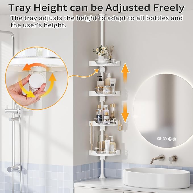 360° Rotating Corner Shower Caddy Tension Pole Organizer (White) | 4-Tier rotating shelves with hooks, adjustable tray height, upgraded rustproof metal pole, removable trays for shower storage
