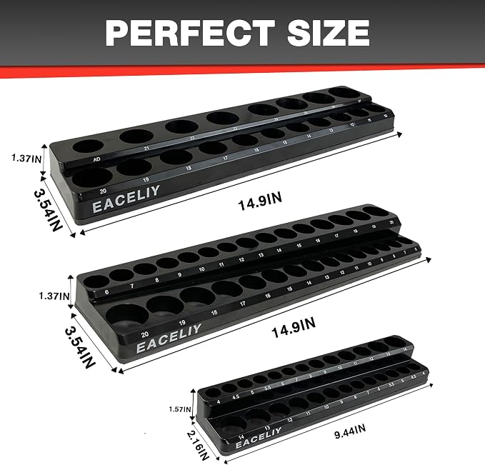 EACELIY Magnetic Socket Organizer Set,Metric Socket Holder Kit, Socket Trays，holds 75 Deep and Shallow 3/8" Sockets(sockets not included) 丨3Pcs 1/2", 1/4" and 3/8" （Black）
