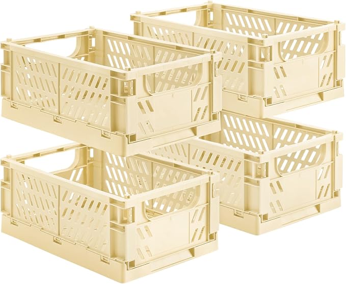 HUUSMOT 4-Pack Collapsible Plastic Storage Baskets, Yellow, 9.8"x6.5"x3.8" | Pastel, Space-Saving, Collapsible Plastic Bins, Cute Mini Storage Crates, for Classroom, Kitchen, Office, Bedroom