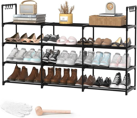 3 Row 4 Tier Long Shoe Rack, Black Metal Stackable Shoe Shelf with Multifunctional Hooks, Shoe Storage Hold 24-30 Pairs, Space Saving Shoe Organizer for Closet,Wide Shoe Rack