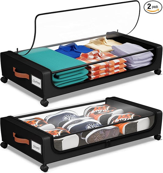 Under Bed Storage with Wheels, UnderBed Storage Containers with Clear Lid and Handles, XXL 60L Under the Bed Storage Bins Drawers for Clothes,Blankets,Shoes,Books (BLACK, 2 PACK)