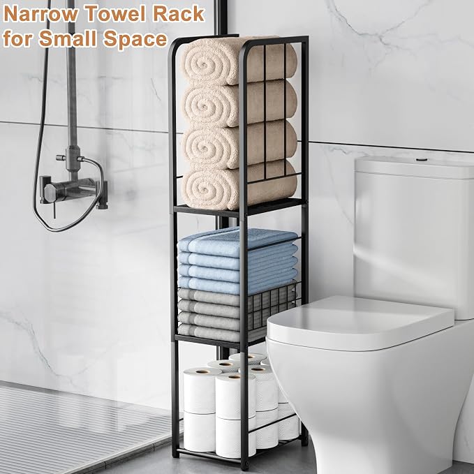 KIMBORA Narrow Towel Storage for Bathroom, 3-Tier Free Standing Bathroom Towel Organizer with Shelf for Small Bath, Pool, Black
