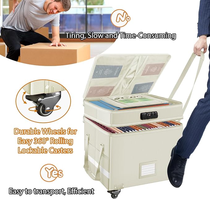DocSafe Fireproof Document Box with Lock,2-Layer File Box with Wheels,Collapsible File Storage Organizer with Pockets,Large Portable Office Filing Cabinet for Hanging Folders,Beige,16''x13.8''x12.2''