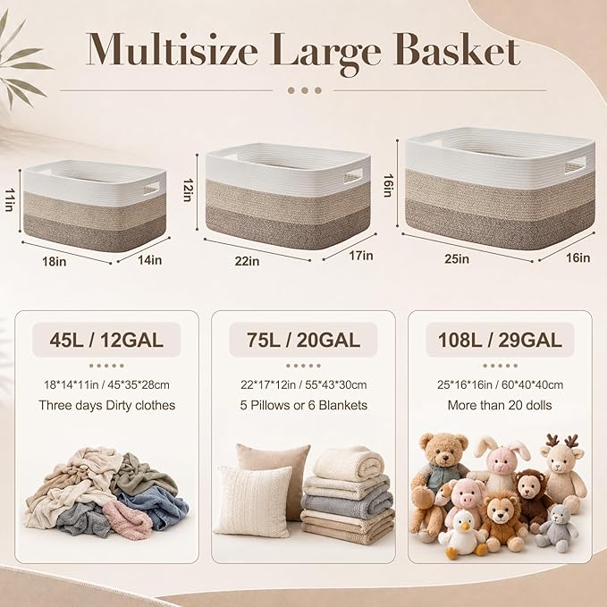 OIAHOMY Large Blanket Basket, 22”x17”x12” Laundry Baskets, Nursery Blanket Storage Living Room, Toy Storage With Handle, Rectangle Woven Baskets-Gradient Grey