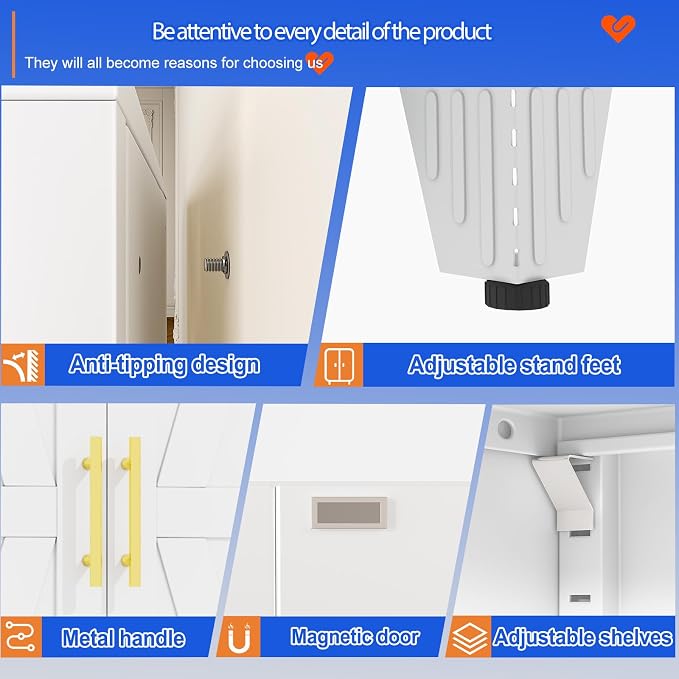 GAIOUS 61" Tall Kitchen Pantry Cabinet,Metal Storage Cabinet White Cupboard | Steel Office Cabinet, Freestanding Bookcase with 2 Doors and 3 Adjustable Shelves, Bathroom Kitchen Bedroom Garage Cabinet