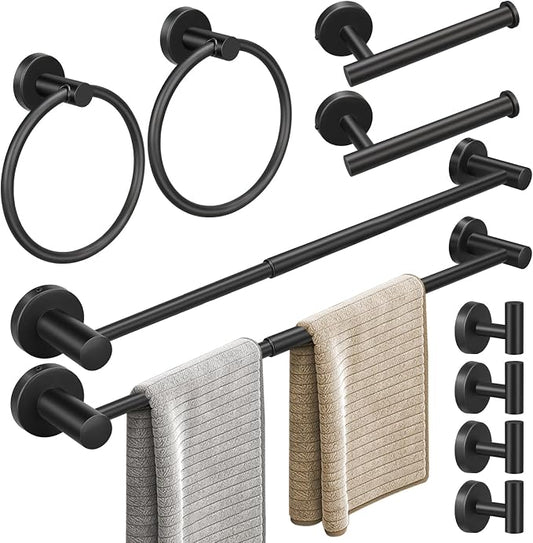 10pcs Matte Black Retractable Bathroom Hardware Set, | Including 24in Retractable Hand Bar, Toilet Paper Holders, Towel Rings, Multifunctional Robe Hooks