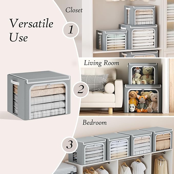 Yecaye Large Clothes Storage Bins with Metal Frame, Foldable Clothing Storage Bin with Lid, Stackable Oxford Fabric Organizer Box With Clear Window & Zippers & PU Leather Handles (3 Pack, Grey, 66L)