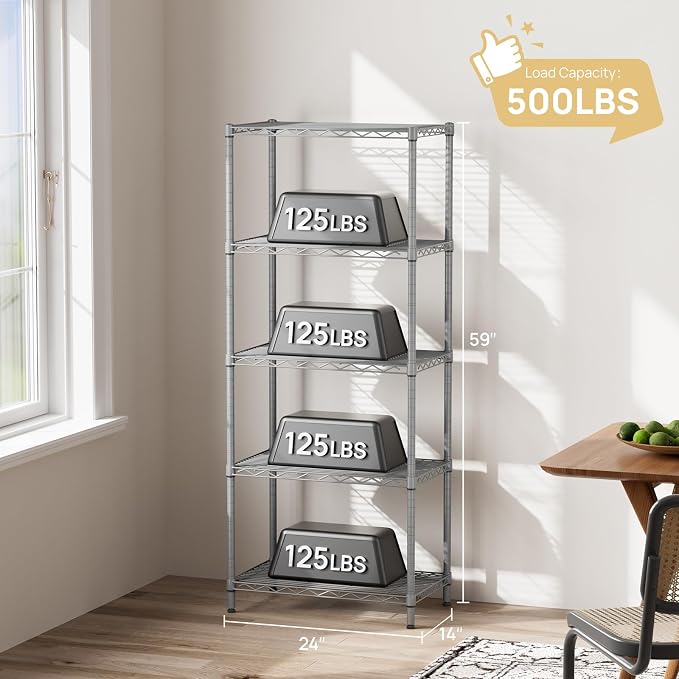 SINGAYE 5 Metal Shelves Wire Shelving Storage Shelf Adjustable Unit Pantry | 5 Tier Kitchen Laundry Room Organization Home Pantry Closet Bathroom Organizers Garage Rack 14" D x 24" W x 59.5" H Gray