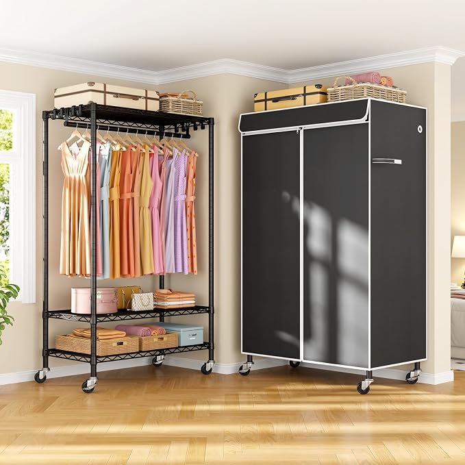 P6C Rolling Clothes Rack with Cover, 3-Tier Covered Clothing Rack | Portable Closets for Hanging Clothes, Heavy Duty Garment Rack on Wheels, Black Closet Rack with Black Cover, Max Load 365LBS