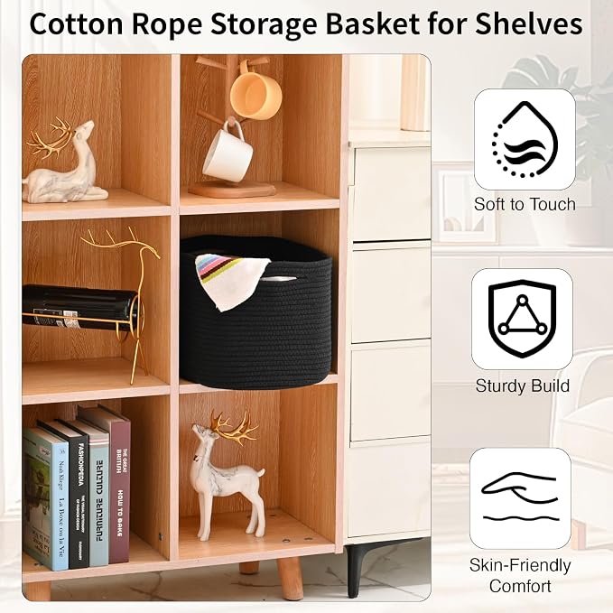 ICERZCZ Woven Cotton Rope Storage Basket for Organizing, Cute Decorative Baskets for Gifts Empty, Organizer Bins for Dog Toy, Baby Laundry, 17“×13”×9.5“, Black