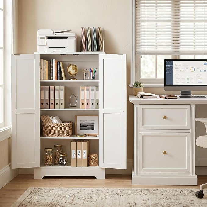 Unikito 43.3" Farmhouse Storage Cabinet with Doors and Adjustable Shelves | Wood Pantry Cabinet, Small Sideboard Cabinet, Short File Cabinet for Dining Room, Living Room, Bathroom, Home Office