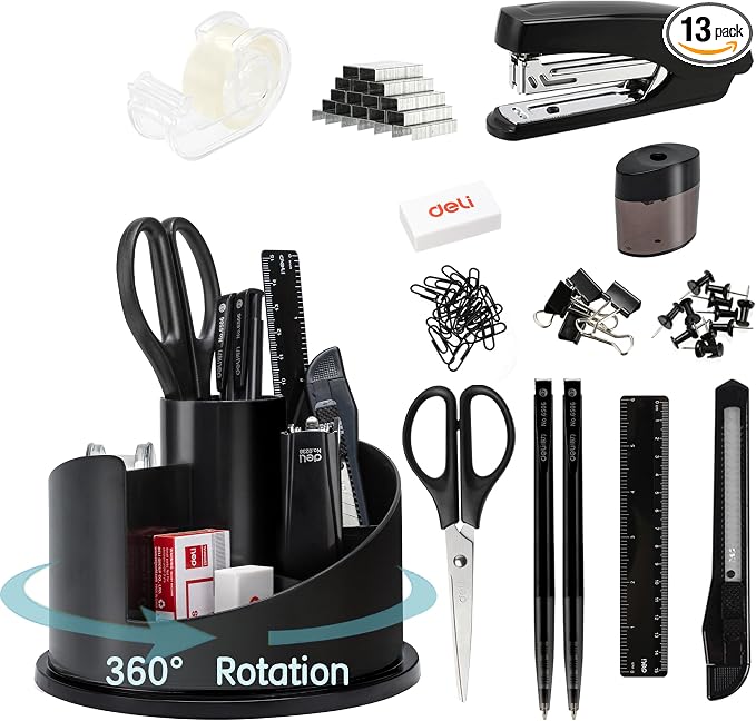 deli Office Supplies Set, Desk Accessory Organizer Kit, Black | Stationary Set, Desk Supplies with Rotating Multi-Functional Pen Holder &Stapler Set for Office, School, Home