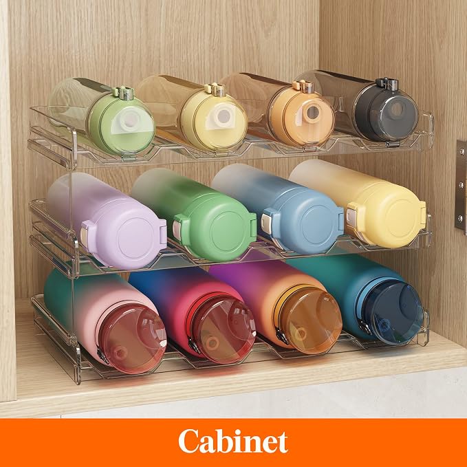 Lifewit Stackable Water Bottle Organizer for Cabinet, Plastic Bottle Holder Fits Bottles/Tumblers up to 3.8" Diameter for Pantry/Countertop, 3 Tier Holds 12 Bottles 41 x 20 x 24 cm/16" x 8" x 9.5"