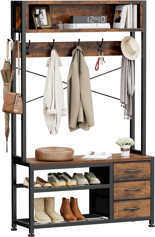Hall Tree with Bench and 3 Drawers Storage, 31.5" Coat Rack Freestanding | Rustic Brown, 6-in-1, Top Cubby, 12 Coat Hooks, Adjustable Shoe Rack, Sturdy Metal Frame, Entryway Organizer