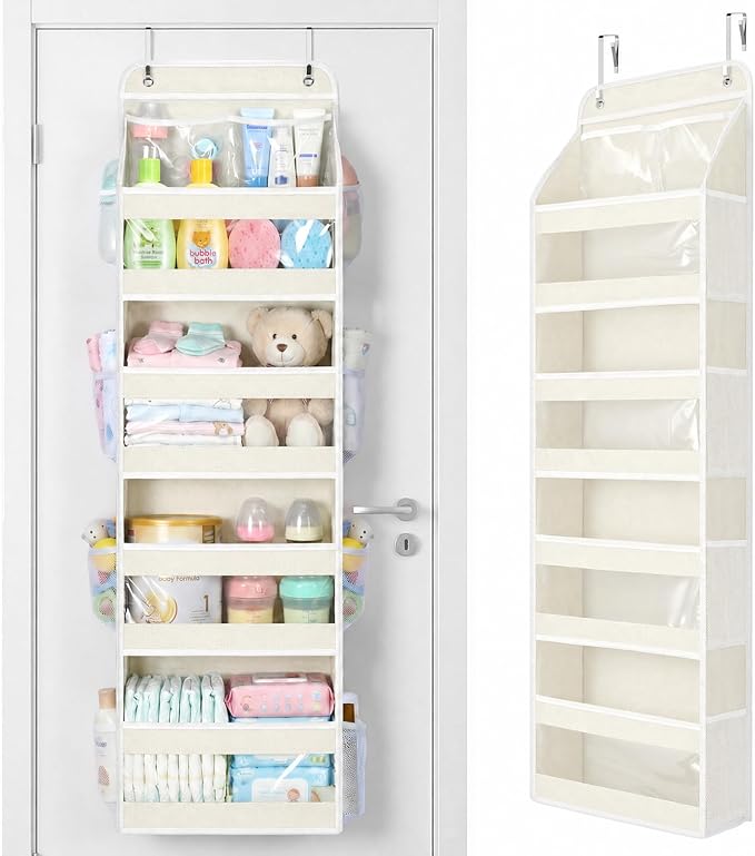 Yecaye 5 Tier Over the Door Organizer, Swing-proof Door Organizer Hanging with Clear PVC Windows, Behind the Door Storage for Bedroom Nursery Closet Laundry Pantry Bathroom, Cream White