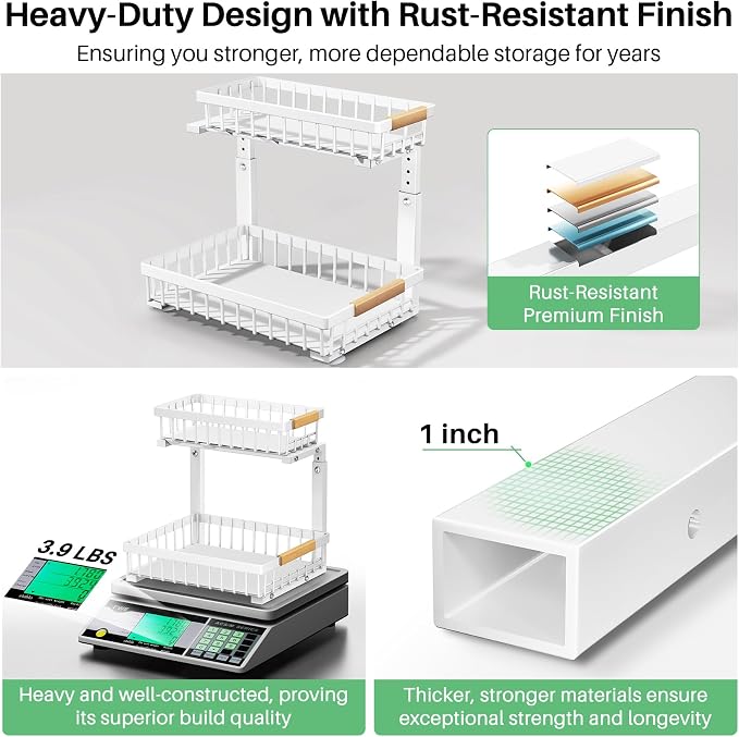 Kitstorack Under Sink Organizer, 2 Tier Under the Sink Storage, Slide out Pull out Cabinet Organizer Shelf, Metal Sliding Drawer for Kitchen Bathroom Pantry Closet Organization Rack, White, 1 Pack