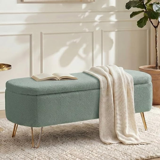 Modern Storage Ottoman Bench, Teddy Upholstered Entryway Bench with Gold Legs, Vintage End of Bed Bench with Safety Hinge, Padded Bench with Storage for Living Room, Bedroom, Entryway (Green)