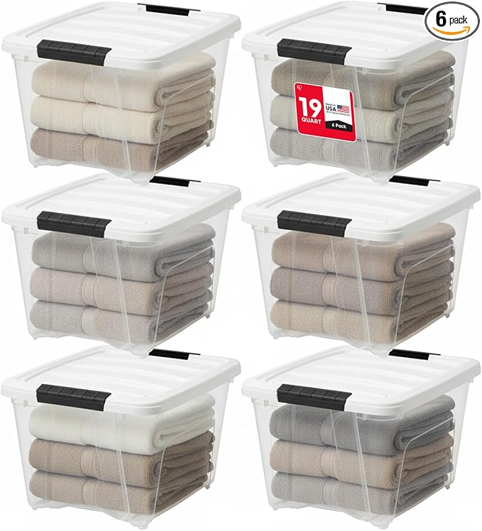 IRIS USA 19 Qt Stackable Storage Bins with Lids, 6 Pack, Clear Plastic | Clear BPA-free bins with secure latches organize crafts, toys, shoes, office supplies, pantry items, and closets.