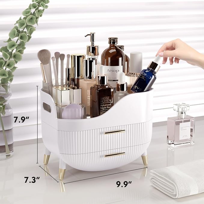 Makeup Organizer for Vanity, Large Capacity Skincare Organizer Countertop | Cosmetics Organizer with 2 Drawes, Cosmetic Display Cases Makeup Storage Box for Bedroom, Bathroom, Gifts for Women(White)