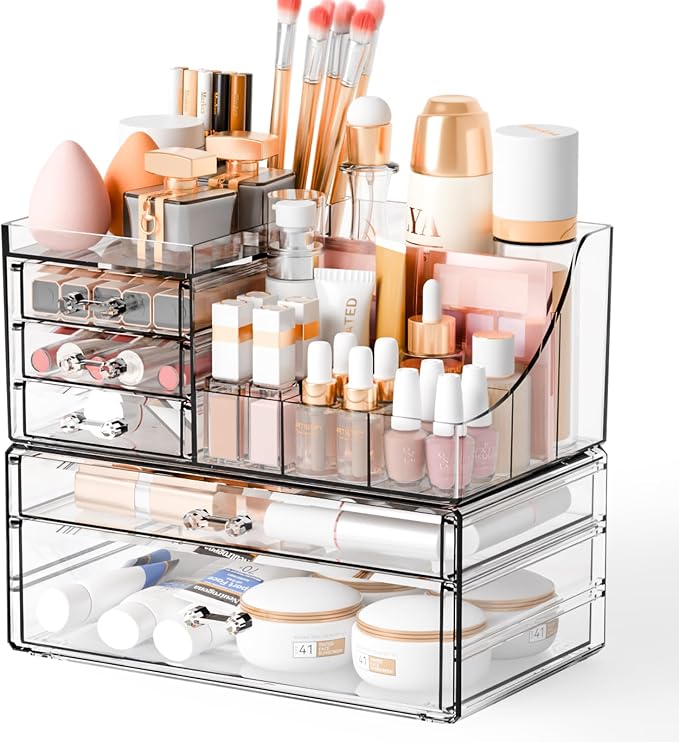 2 Pack Clear Makeup Organizer Countertop for Dresser,Vanity and Bathroom Counter Organizer,Tiered Stackable Makeup Acrylic Organizers with 5 Drawer for Skincare,Brush and Make up Holders