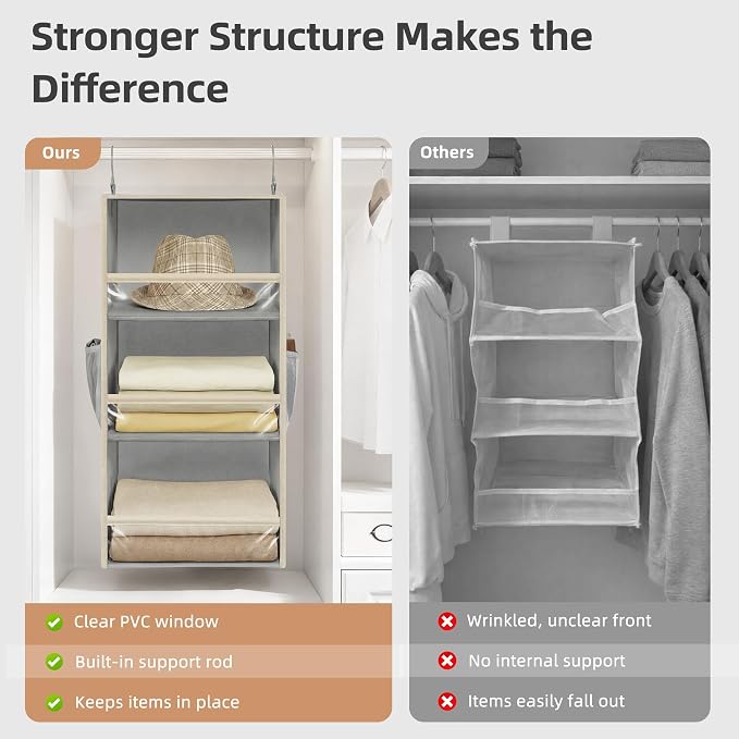 STORAGE MANIAC 6-Shelf Hanging Closet Organizer and Storage, 2 Separable 3-Shelf Haning Organizers for Closet, Collapsible Hanging Shelves Wardrobe Organization, College Dorm Room, Nursery, Gray