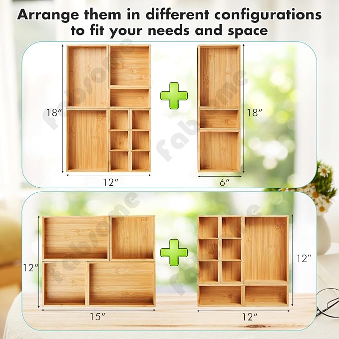 Fabsome Drawer Organizer, Set of 9 Bamboo Wood Kitchen Makeup Desk Junk Tea Drawer Storage Boxes Bins for Cutlery Silverware Utensils Flatware, Small Wooden Container Tray for Bathroom, Office