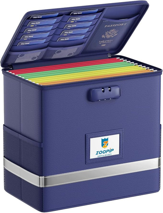 Fireproof File Box with Lock, Collapsible Document Organizer, Blue | Suitable for Hanging Folders in Letter Size, Reflective Strip for Fast Find, Home Office Safe Protection,12.2"x6"x10.2"