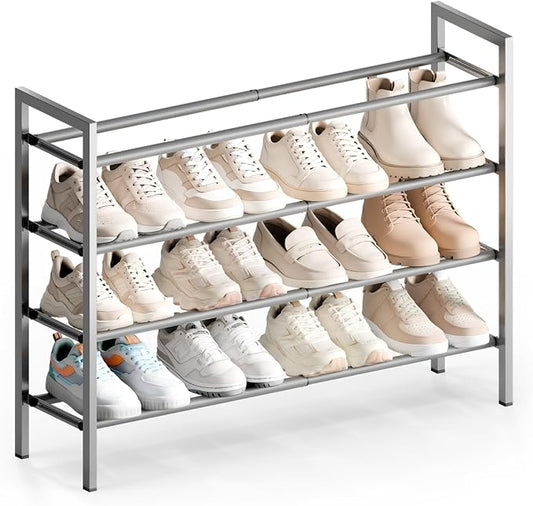 Bumusty 4 Tier Expandable Shoe Rack for Closet, Light Grey | 18"-33" Adjustable Shoe Rack for Entryway, Small Shoe Organizer for Dorm, Front Door, Sturdy Metal
