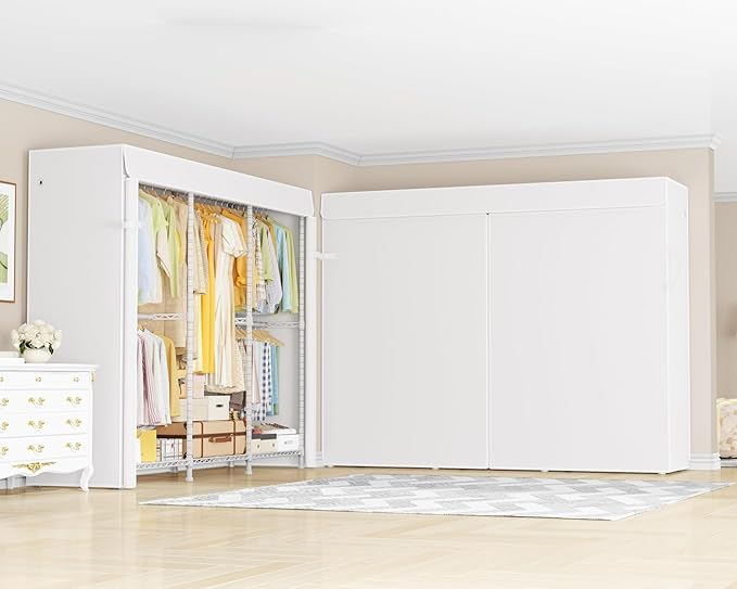 E14C Pro Heavy Duty Closet Organizer System，Freestanding Clothing Racks for Hanging Clothes，Adjustable Garment Rack 69" W × 16" D × 77" H Hold 960 lbs，White Rack with White Dustproof Cover