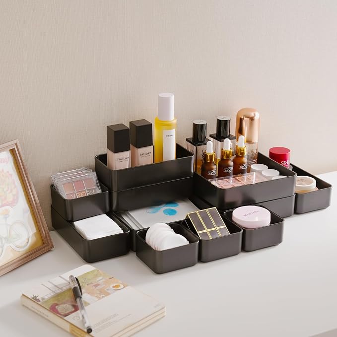 11-Piece Stackable Drawer Organizer Set, Multi-size Desk Drawer Organizer Trays Vanity Storage Bins for Storing Makeup, Stationery, Utensils in Bathroom Dresser, Office and Kitchen
