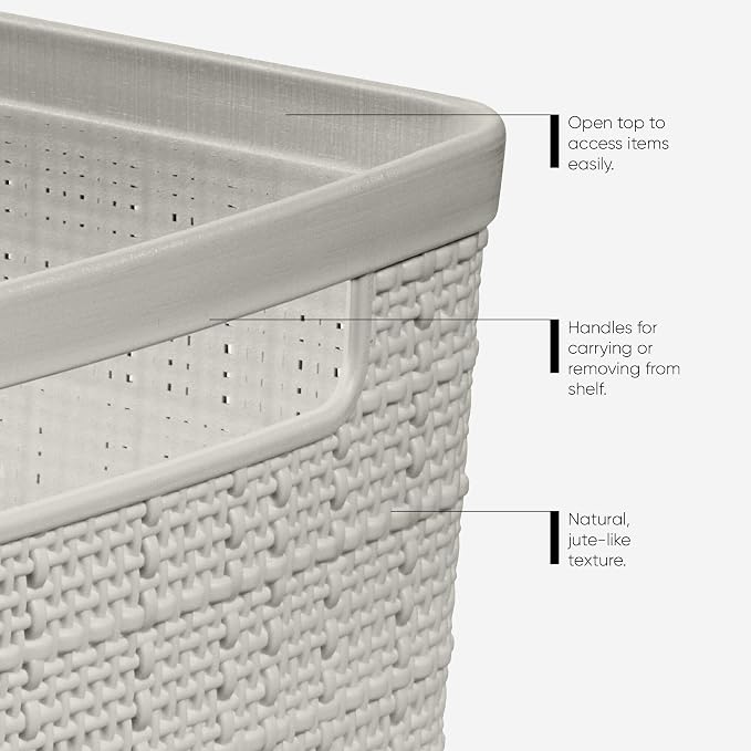 Large Beige Decorative Storage Basket With Woven Jute Look Design, Cutout Handles, 14" X 11" X 9" Organizer For Closet, Bathroom, Kitchen, Office And Home Storage