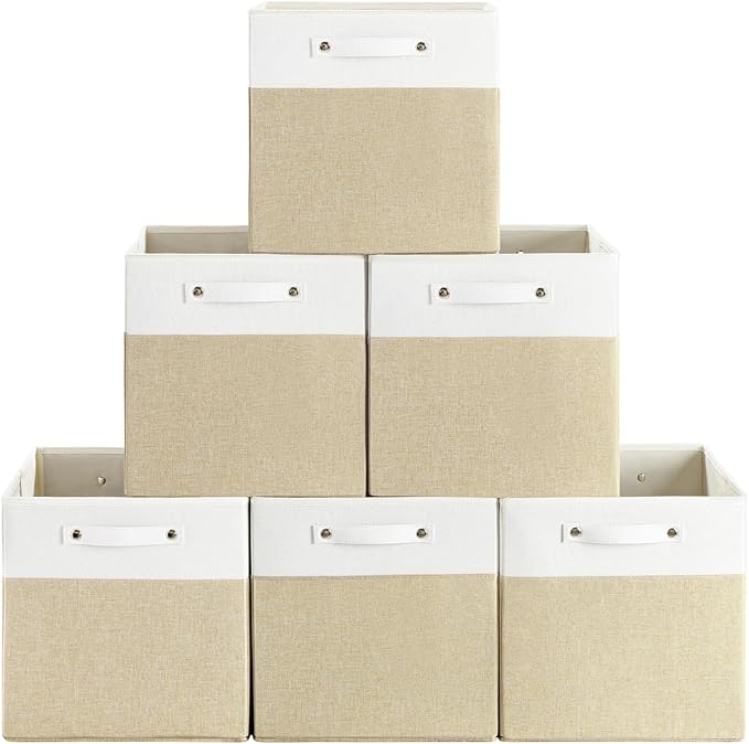 FinishingBo 13x13x13 Storage Cube Bins 6 Pack, Cube Shelf Baskets | Foldable Storage Cubes, Linen Storage Bins with Handles, Closet Organizers, White/Khaki