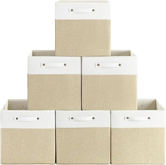 FinishingBo 13x13x13 Storage Cube Bins 6 Pack, Cube Shelf Baskets | Foldable Storage Cubes, Linen Storage Bins with Handles, Closet Organizers, White/Khaki