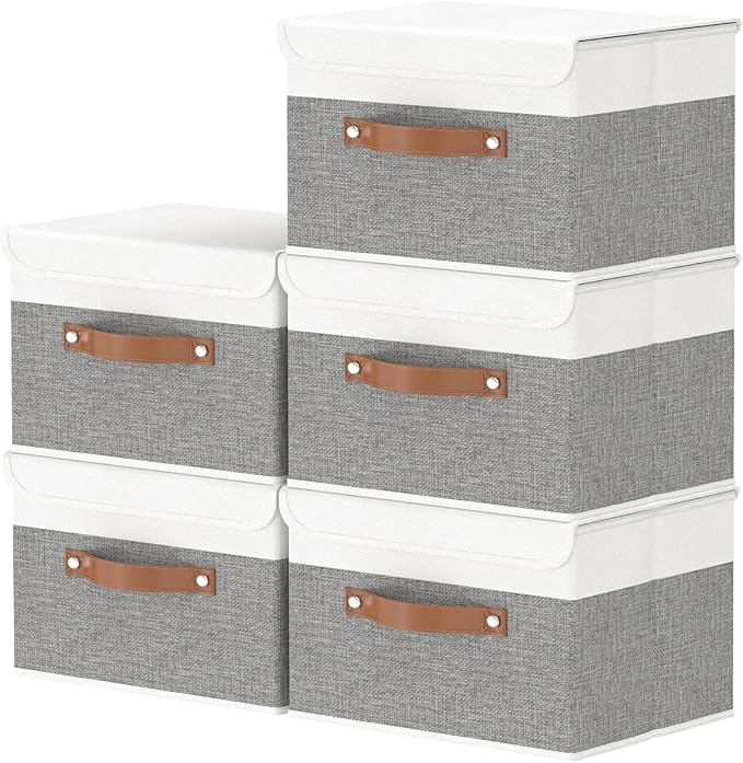 OUTBROS Storage Bins with Lids, White/Grey, 5 Pack 10.2 x 7.9 x 6.7in | Collapsible Storage Boxes, Cotton and linen cloth Storage Baskets with Handle, for Books, Closet