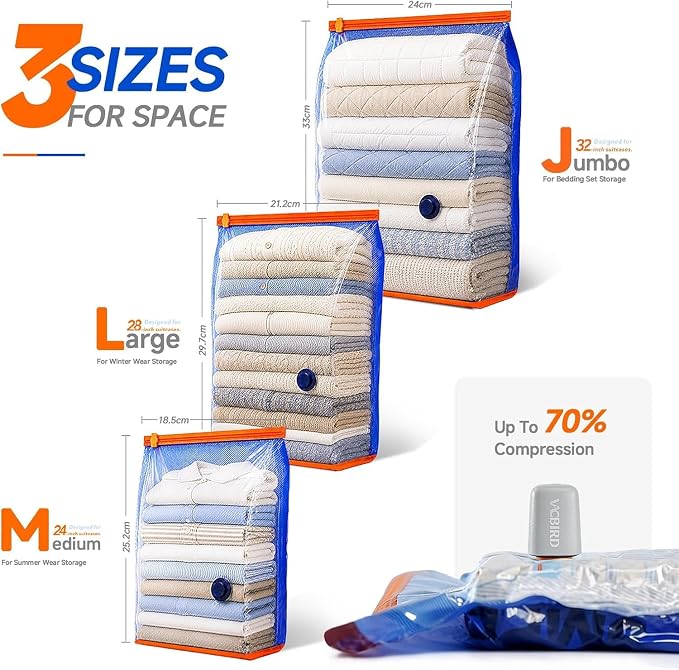 Vacbird Vacuum Storage Bags Jumbo with Pump for Clothes & Bedding,18 Pcak | Cordless Rechargeable Pump Vacuum Bags Large Jumbo,3 Sizes, Space Saving for Organization & Clothing Blankets Home Storage