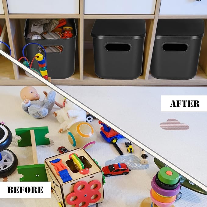 8 Pieces Colorful Storage Bins with Lid, Plastic Storage Basket Organizing Container Stackable Box with Handle for Shelves Desktop Playroom Office(9.8 x 7.1 x 6.3 Inch,Black)