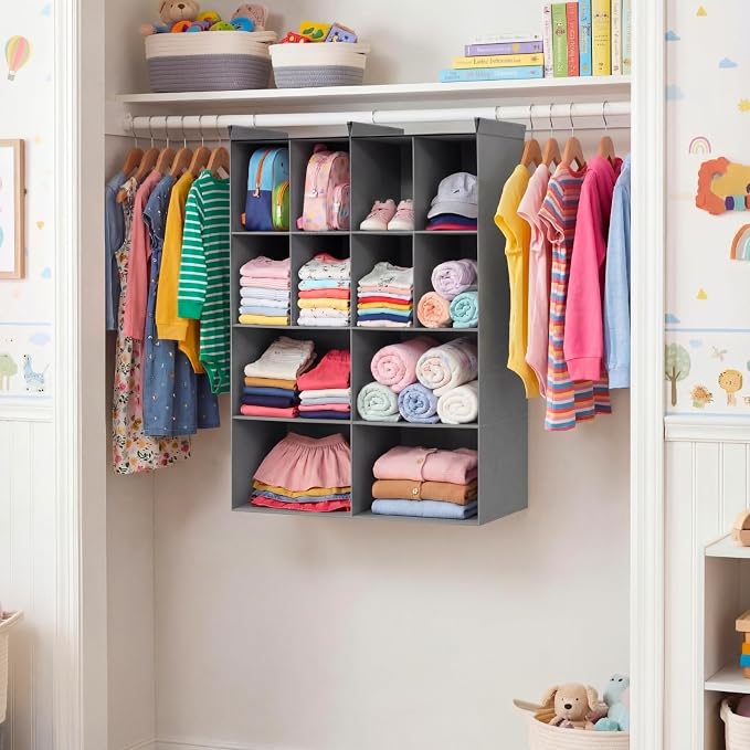 4 Tier Hanging Closet Organizer, 12 Compartments Dual Row Storage, Grey | Closet Organizers and Storage with Large & Small Cubbies, 3 Sturdy Hooks Support Heavy Loads, for Dorm, RV, Garment Rack