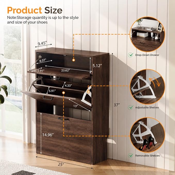 VINGLI Set of 2 Shoe Cabinets Storage for Entryway,2-Pack,Walnut | 16–24 Pairs,Skirting Board Cutout,Drop-Down Drawer,9.4"D Slim,Modern,2 Flip Drawers,Adjustable & Removable Shelf