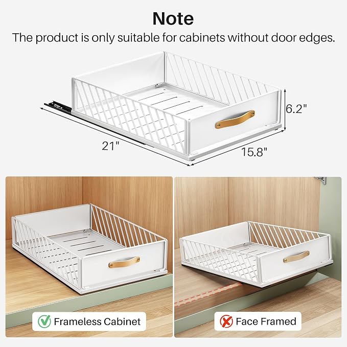 Pull out Cabinet Organizer,Heavy Duty Slide out Pantry Shelves Drawer Storage with Adhesive Nano Film,Sliding Mesh Cabinet Basket with Handle for Kitchen, Bathroom, Home, 15.8"W X 21"D X 6.2"H,White