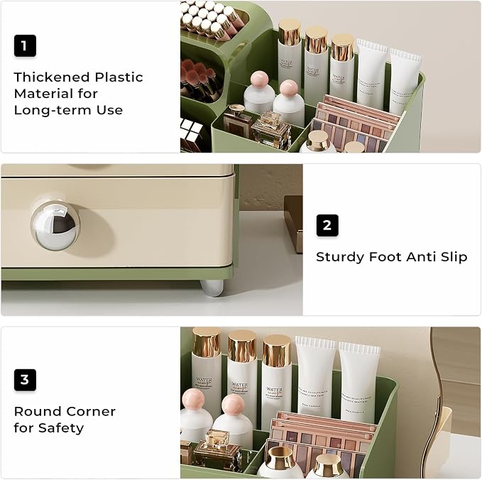 UFORU Makeup Organizer Countertop with Brush Holder for Vanity Bathroom | Large Capacity, Thickened Plastic, Compact Size, 2 Big Drawers, Detachable Brush Holder, Divided Compartments, Easy Access