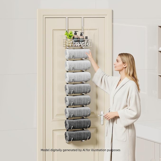 SWTYMIKI Hanging Towel Racks for Bathroom - 9 Tier Over the Door & Wall Mounted Bath Rolled Towel Storage Organizer Holder for Small Bathroom, RV, Camper (Polished Nickel, 9-Tier)