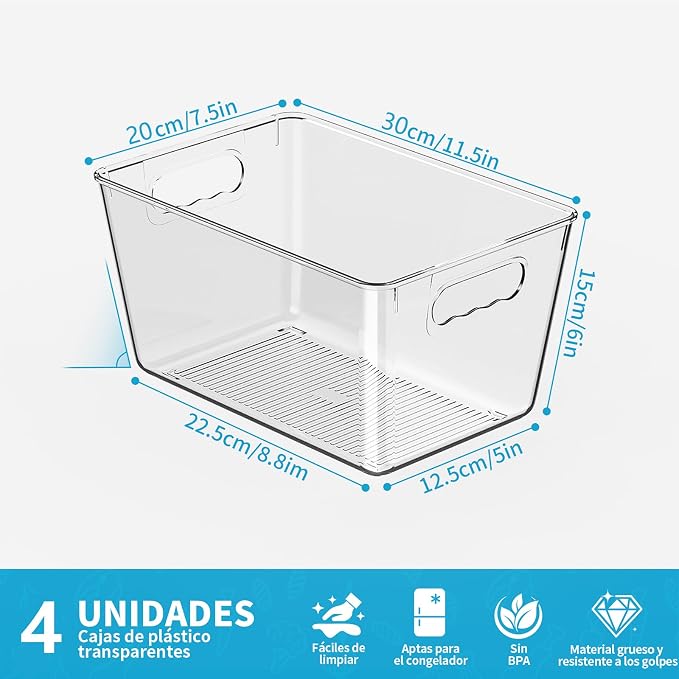 Clear Fridge Organizer Bins with Handles, 4 Pack Large 11.5×7.5×6 Inch | Clear pantry food storage bins with handles, ideal for kitchen, countertops, cabinets, fridge and freezer