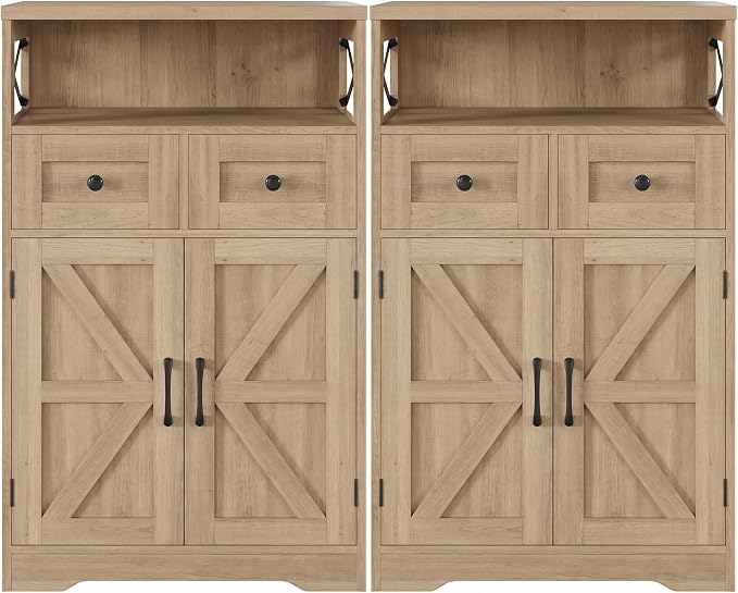 Farmhouse Storage Cabinet Set of 2, Small Kitchen Pantry Coffee Bar Cabinet | Accent Buffet Cabinet Cupboard, 2 Drawers, Barn Doors & Adjustable Shelves, for Kitchen/Entryway/Bathroom, Natural Wood