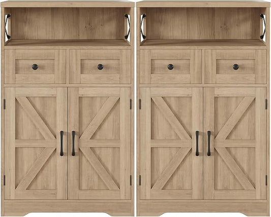 Farmhouse Storage Cabinet Set of 2, Small Kitchen Pantry Coffee Bar Cabinet | Accent Buffet Cabinet Cupboard, 2 Drawers, Barn Doors & Adjustable Shelves, for Kitchen/Entryway/Bathroom, Natural Wood