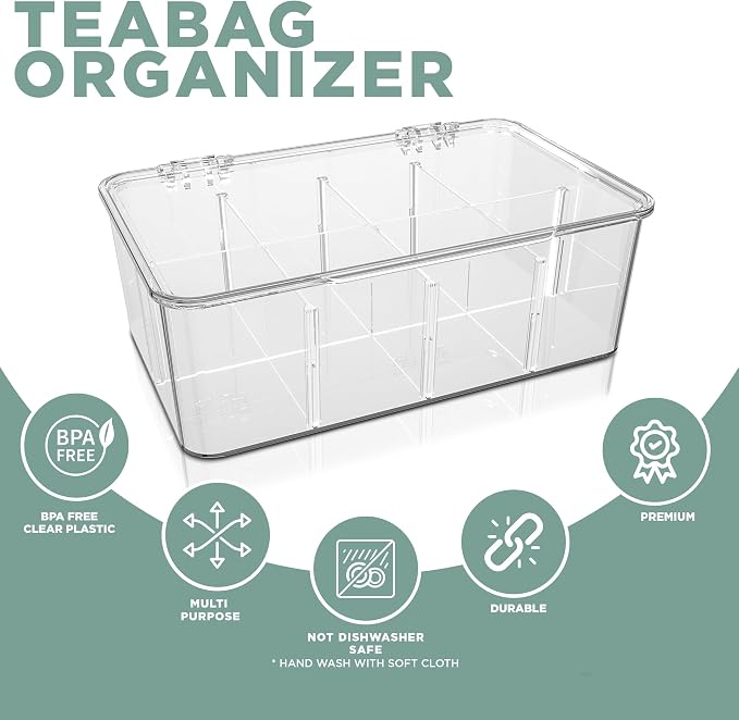 Utopia Home Tea Bag Organizer with Lids, Stackable Tea Box, 1 Pack, Clear | Partition Organizers with Lids For Drawers, Countertops, Fridge, Kitchen, Snack & Spice Organization