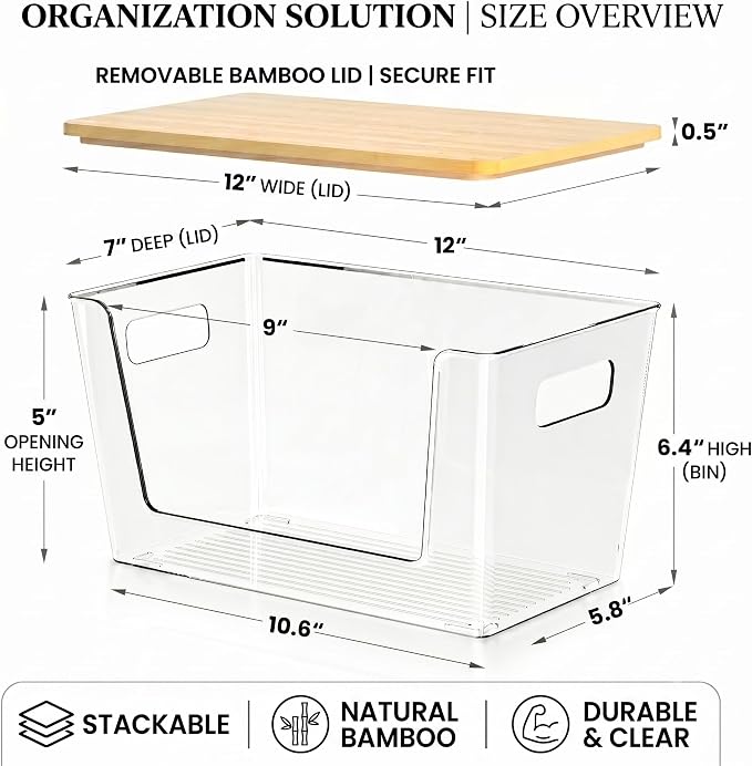 CiWiVOKi 6 Pack Clear Stackable Storage Bins with Bamboo Lids, Trash Bag Holder Dispenser Under Sink Organizer for 4-13 Gal Bags, Plastic Storage Containers for Pantry Bathroom Kitchen Organization