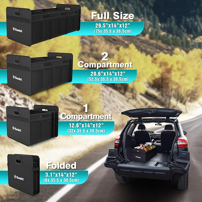 K KNODEL 3 Compartments Trunk Organizer for Car and Suv (Large, Black) | Collapsible Car Storage Organizer, Car Organizers and Storage for Sedan, Cargo Organizer, Car Bin, Basket,Bag, Organization