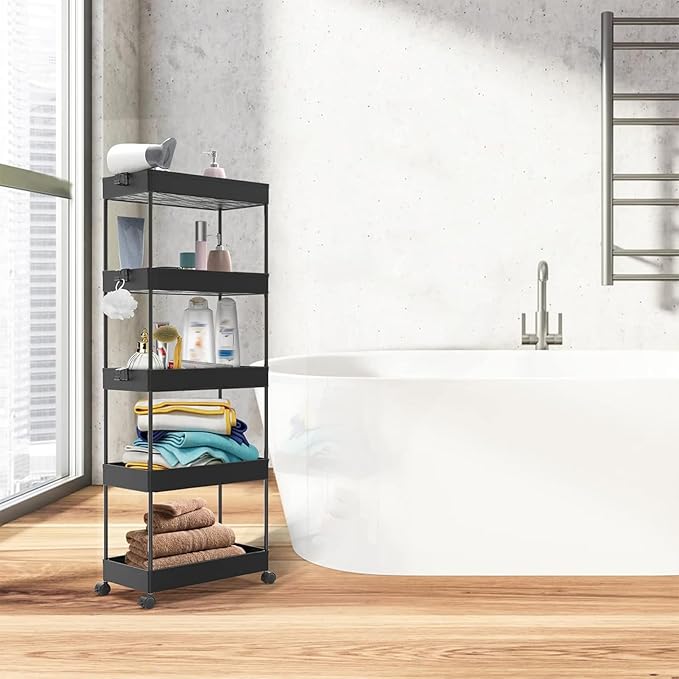SPACEKEEPER 5 Tier Storage Rolling Cart, Bathroom Cart with Wheels, Black | Mobile Storage Cart for Laundry Room Organization,Kitchen,Office,Bathroom, Utility Cart for Snack,Craft,Art,Makeup,Nail,Toys